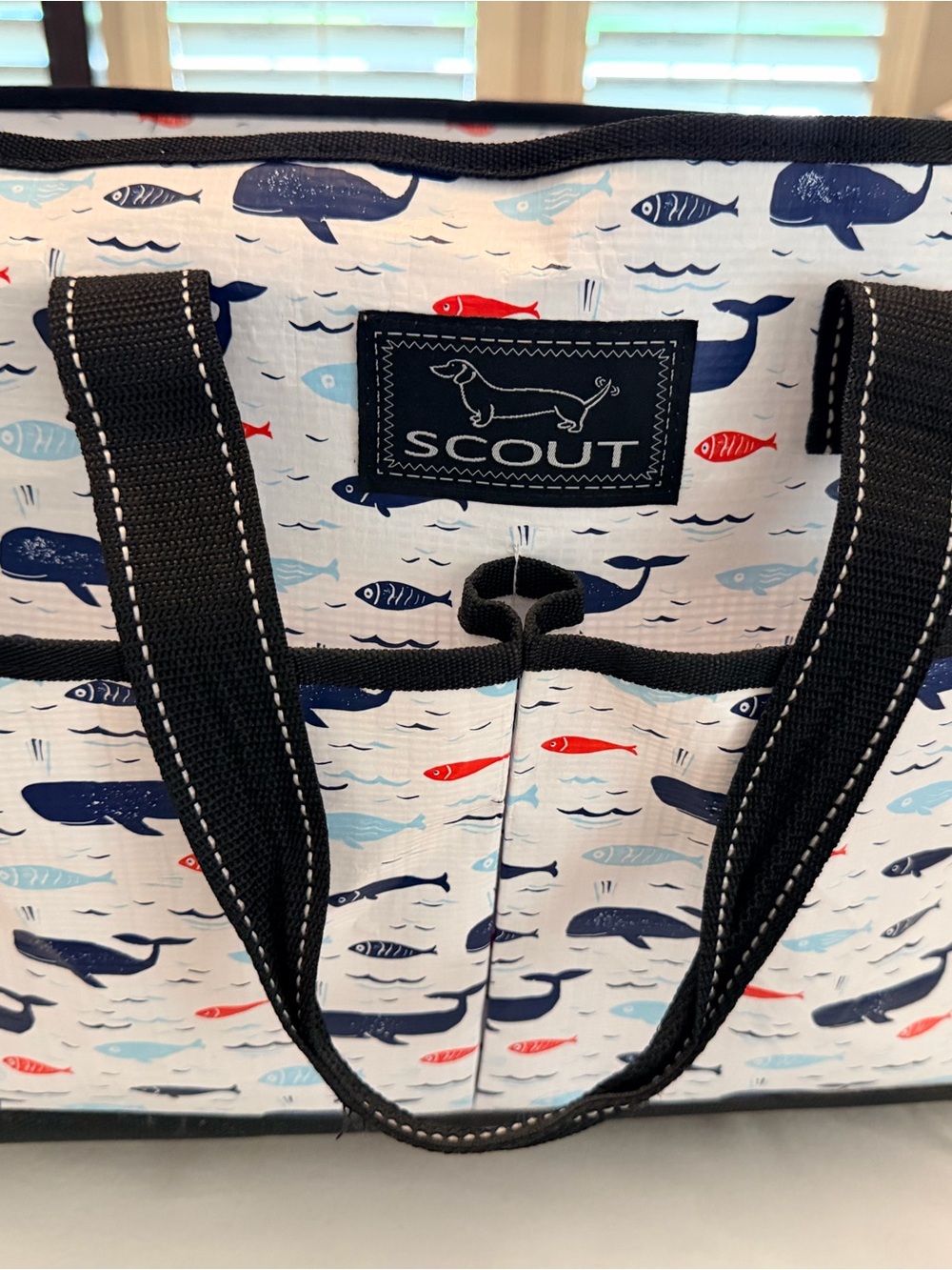 Scout Canvas Tote with Navy Straps and Whale & Fish Print